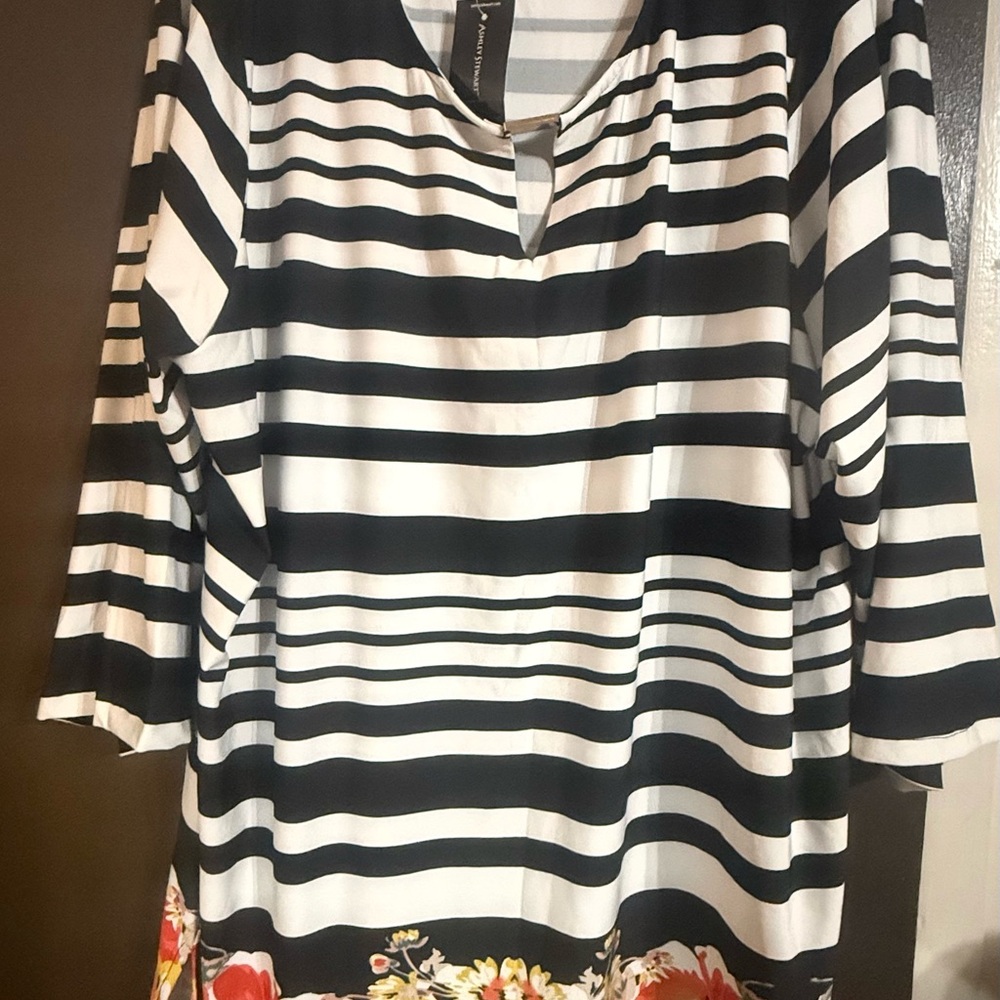 ‘Ashley Stewart’ Black and White Striped Blouse with Floral Hem (Plus)